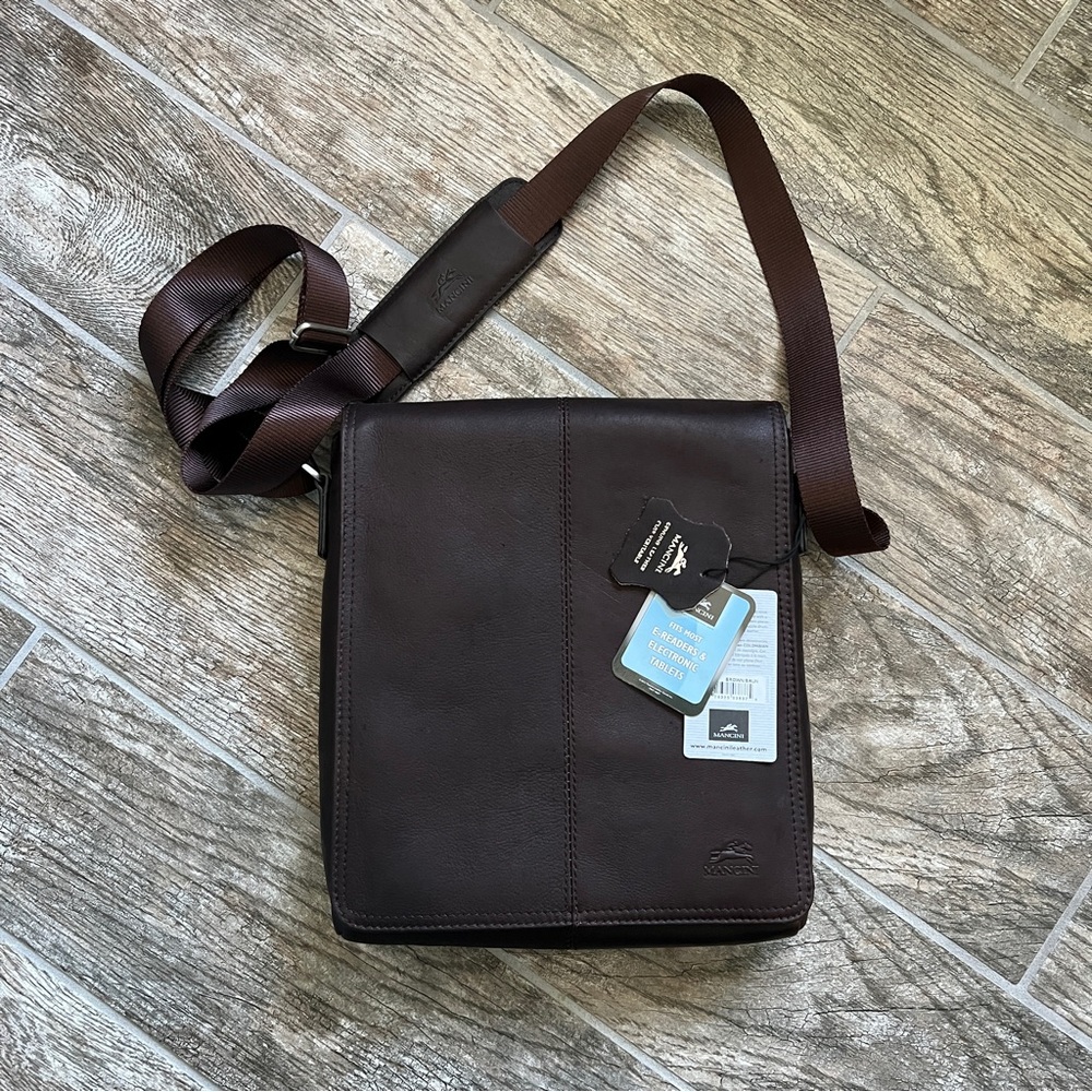 NWT! Mancini 100% Leather, Flap Messenger Bag for Laptops and Tablets, Brown - Picture 1 of 13
